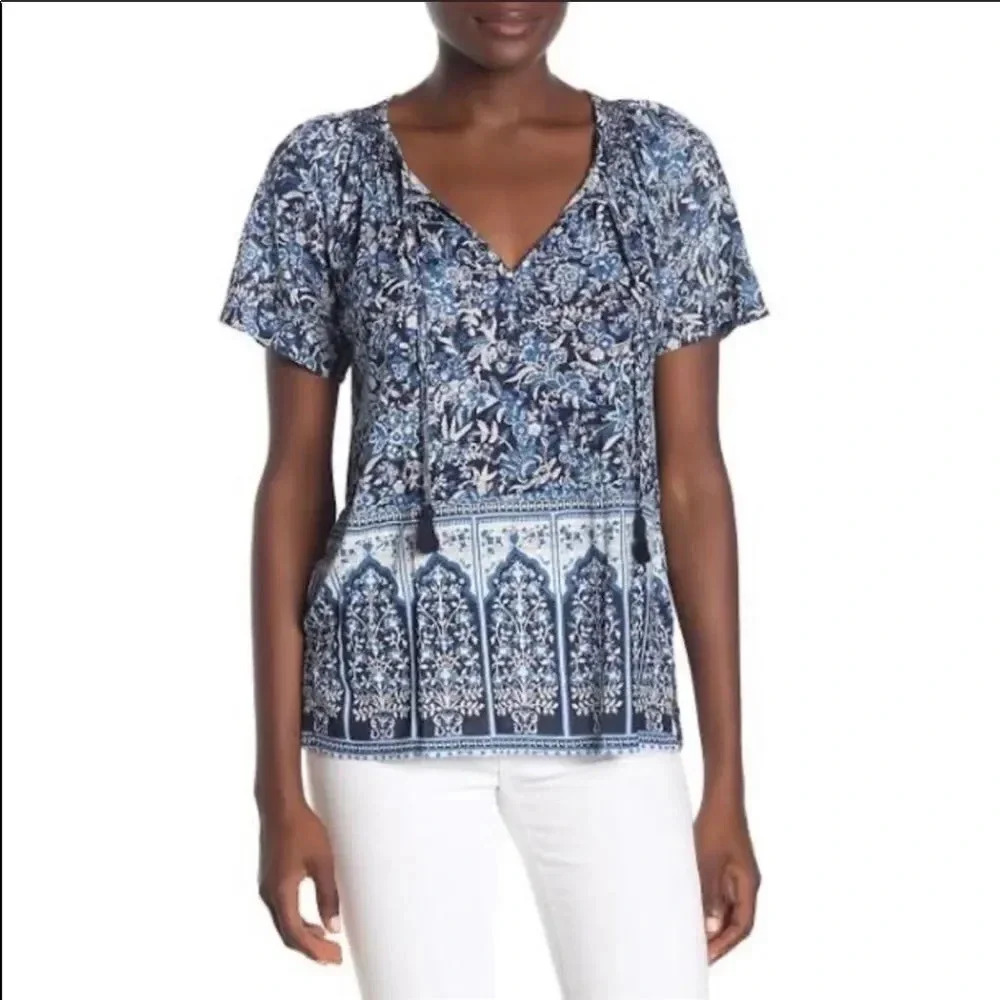 NWT Lucky Brand Floral Paisley Boho Top Blue Cream XS